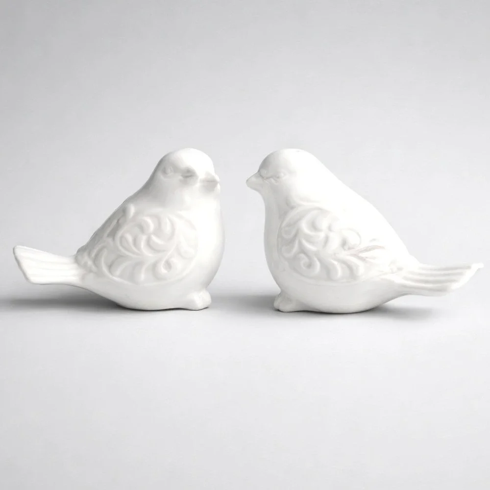 Pier 1 Bird Salt and Pepper Shakers OS White Excellent Ceramic Embossed